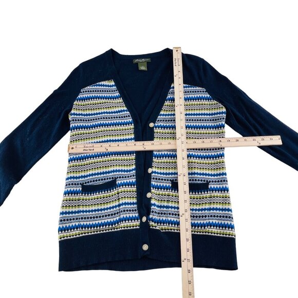 Eddie Bauer Womens Cardigan Sweater L/G Fair Isle Pattern Blue Cotton - Picture 3 of 4